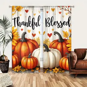 2D Flat 2Pcs Thankful Blessed Curtain Panels, Autumn Harvest Pumpkin Sunflower Pattern, Fall Decor Window Treatment, Heart Design, Rod Pocket Style, Semi Sunshade Polyester Fabric, for Living Room Bedroom Kitchen Home Decoration, Thanksgiving