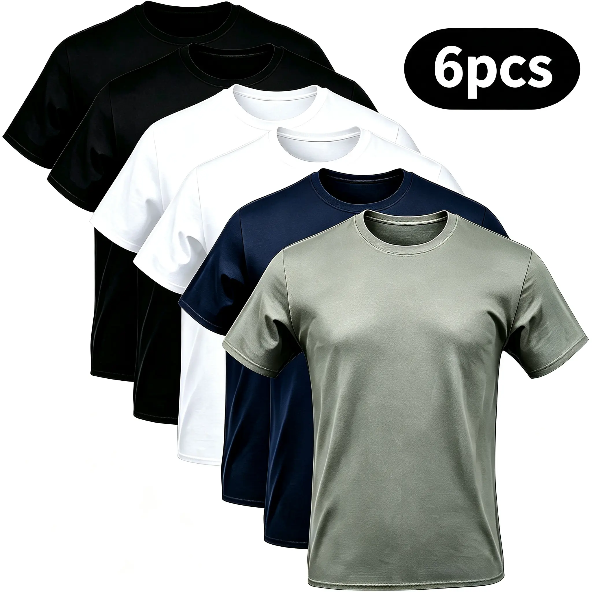 3 & 6 Pack Bulk Plain Unisex Cotton T Shirts Lightweight Crew Neck Basic Short Sleeve Tees White Black Light Olive Gray Navy  Casual Gym Blank Undershirts Thin Thick Outfits Jackets Breathable Man Menswear Soft Top Tshirt