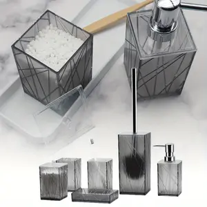 6 PCS Grey Bathroom Accessories Sets Complete with Soap Dispenser, Toothbrush Holder & Cup, Soap Dish, Toilet Brush & Holder, Qtip Holder, Clear Bathroom Accessory Decor Set gift