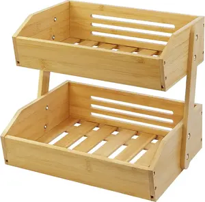Fruit Basket Stand, 2 Tier Fruit Basket for Counter, Produce Basket for Fruit and Vegetable, Bamboo Basket Fruit Bowl Display Rack, Fruit Holder Snack Organizer