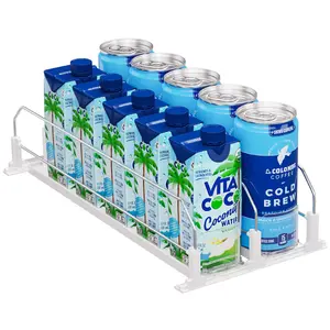 Drink Organizer for Fridge Pusher Glide, Spring Loaded Fridge Drink Dispenser, Self Pushing Soda Can Organizer for Refrigerator, Beer Bottle Beverage Organizer Drink Holder -2 Rows, White Adjustable Racks