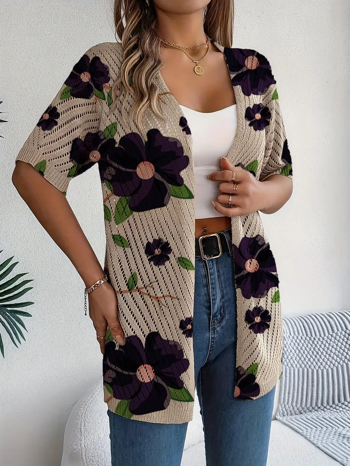 Spring/Summer women's diagonal hollow-out knit cardigan, Knitted casual top, vacation casual style with contrast color floral print, short sleeve, buttonless open front, versatile outerwear, beach cover-up, Lightweight Cardigan knitwear