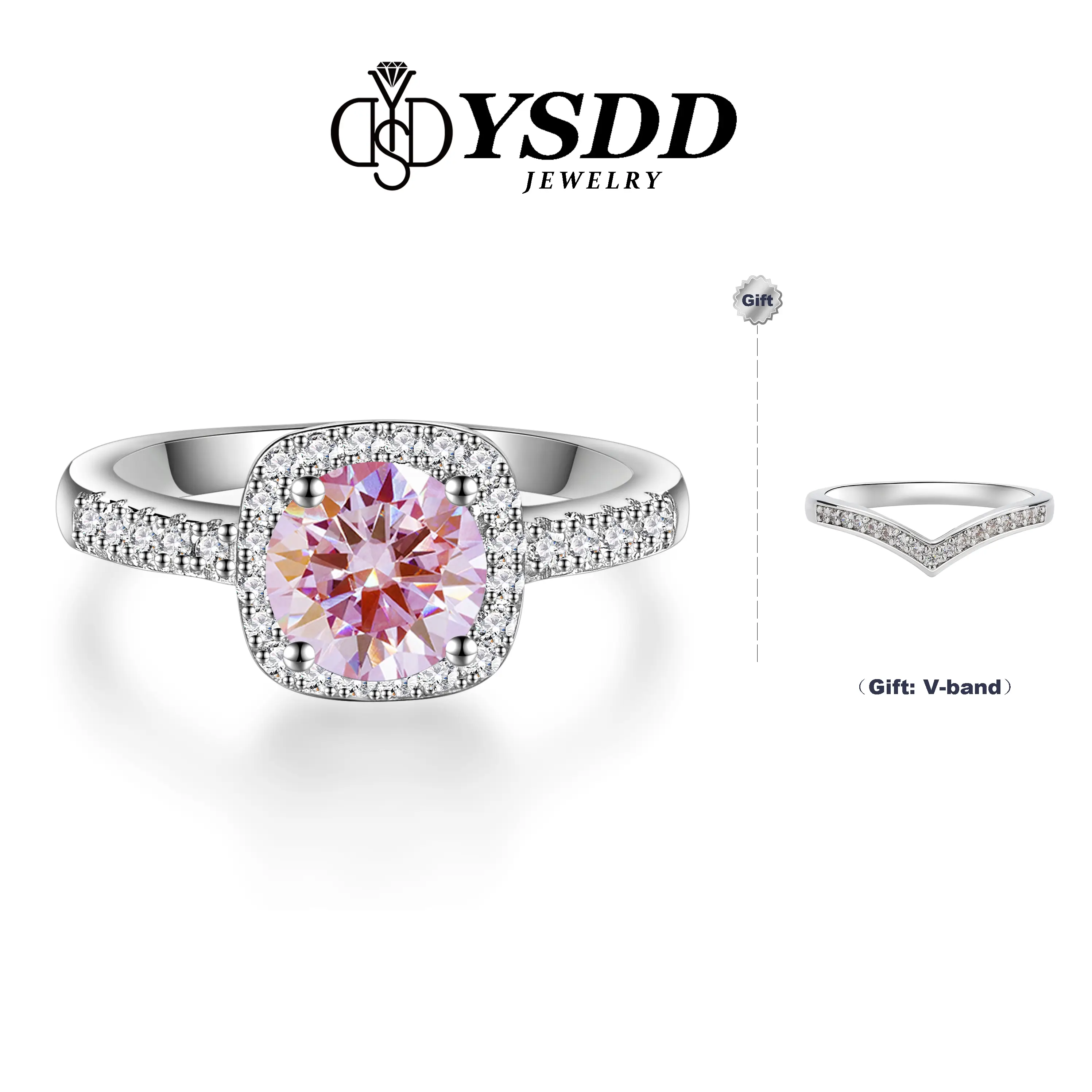 【#120 Buy 1 Get 1 Vband】0.5-2Carat Sakura Pink Synthetic Moissanite Ring Set in 925 Sterling Silver
