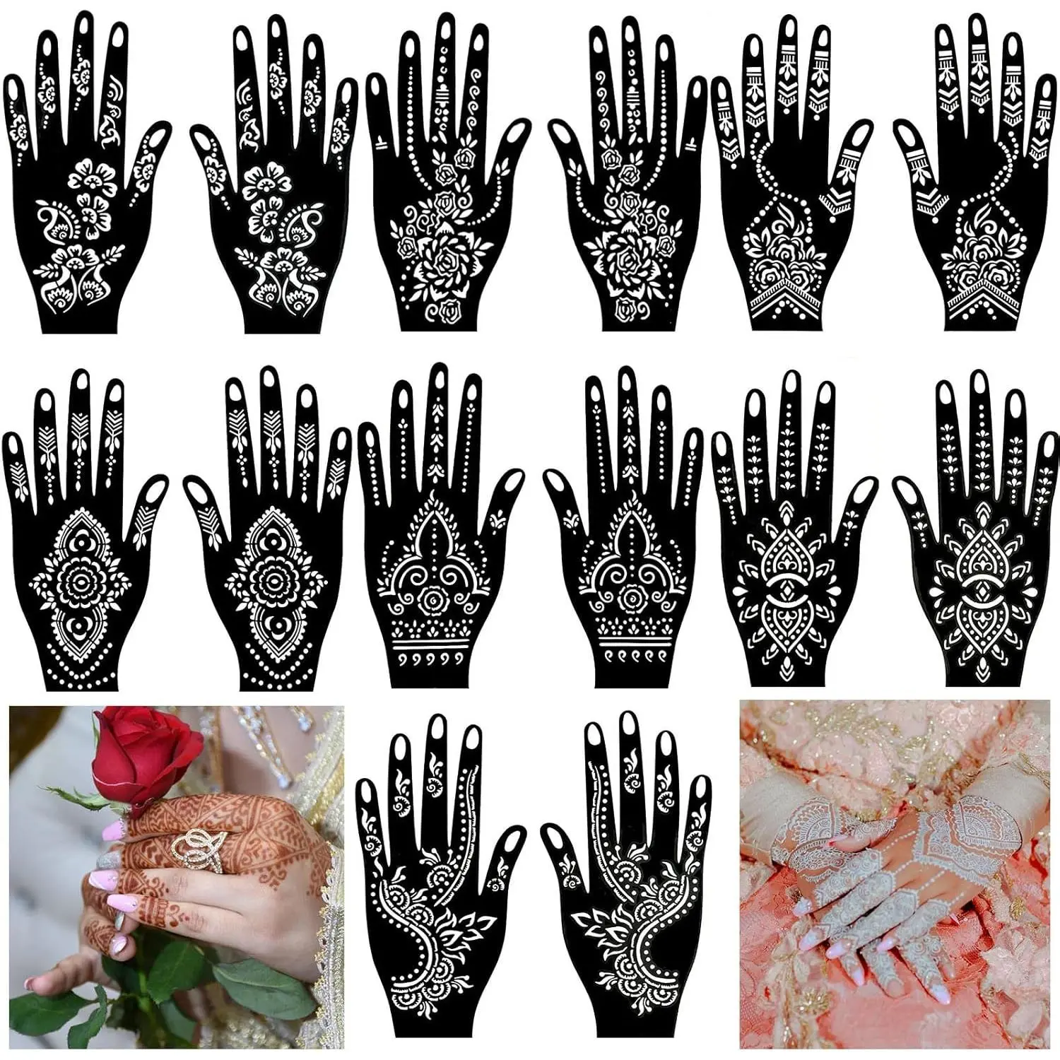 14 Sheets Henna Tattoo Stencils Kit for Hand Body Art, Indian Arabian Temporary Tattoo Template Mehndi Stencil Stickers