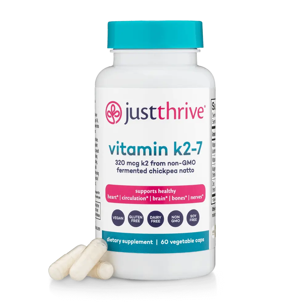 Just Thrive Vitamin K2-7 Edible Supplement, 320 mcg Pharmaceutical-Grade K2-7 with Magnesium & Zinc for Heart & Bone Health, 60 Capsules - 1 Pack
