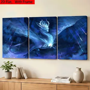 Dreamy Starry Blue Dragon Art Print, 3-Piece Framed Canvas Wall Art, High-Definition, Ideal for Living Room, Bedroom, Office, Home Decor