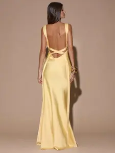 Sexy Minimalist Solid Color Yellow/Cream Deep V-Neck Sleeveless Backless Tie Maxi Dress, Suitable For Party, Cocktail, Formal Occasions, Bridesmaid, Birthday, Christmas, Business Casual Open Back Dresses Yellow Wedding Guest Dress,Dresses For W