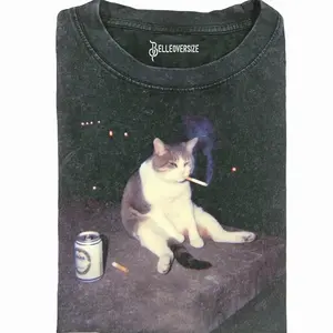 Night Chill Smoking Cat Graphic Tee – Vintage Meme Shirt