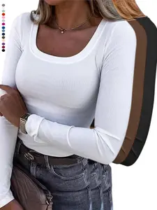 2026 Women's Long Sleeve Tops, Casual Scoop Neck Ribbed Knit Slim-Fit Basic Tee Shirts, Trendy Spring Minimalist Comfort Tops Knitwear