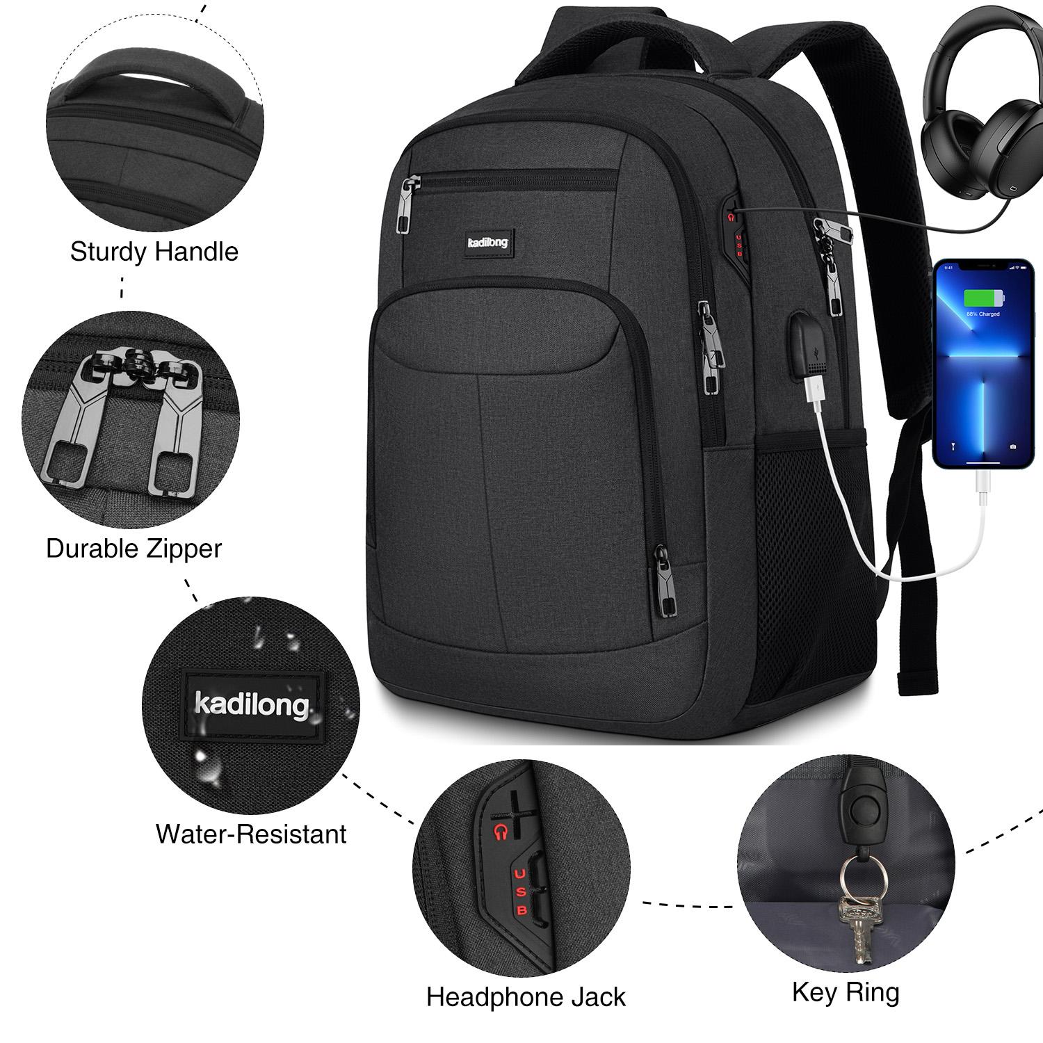 kadilong  Backpack with USB & Headphone Jack | Water Resistant Anti-theft Travel Backpack with Luggage Strap  Large Capacity Business Laptop Backpack for Men | Breathable Work Backpack with Multiple Pockets & Fully Padded Laptop Sleeve