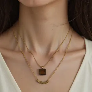 Swyii Stone Inlay & Cube Beads double Layered Necklace for Women for Party, Daily Decor, High Quality Tierd Necklace, Trendy All-match Holiday Gift Ideas, Light Luxury, New Year Gifting