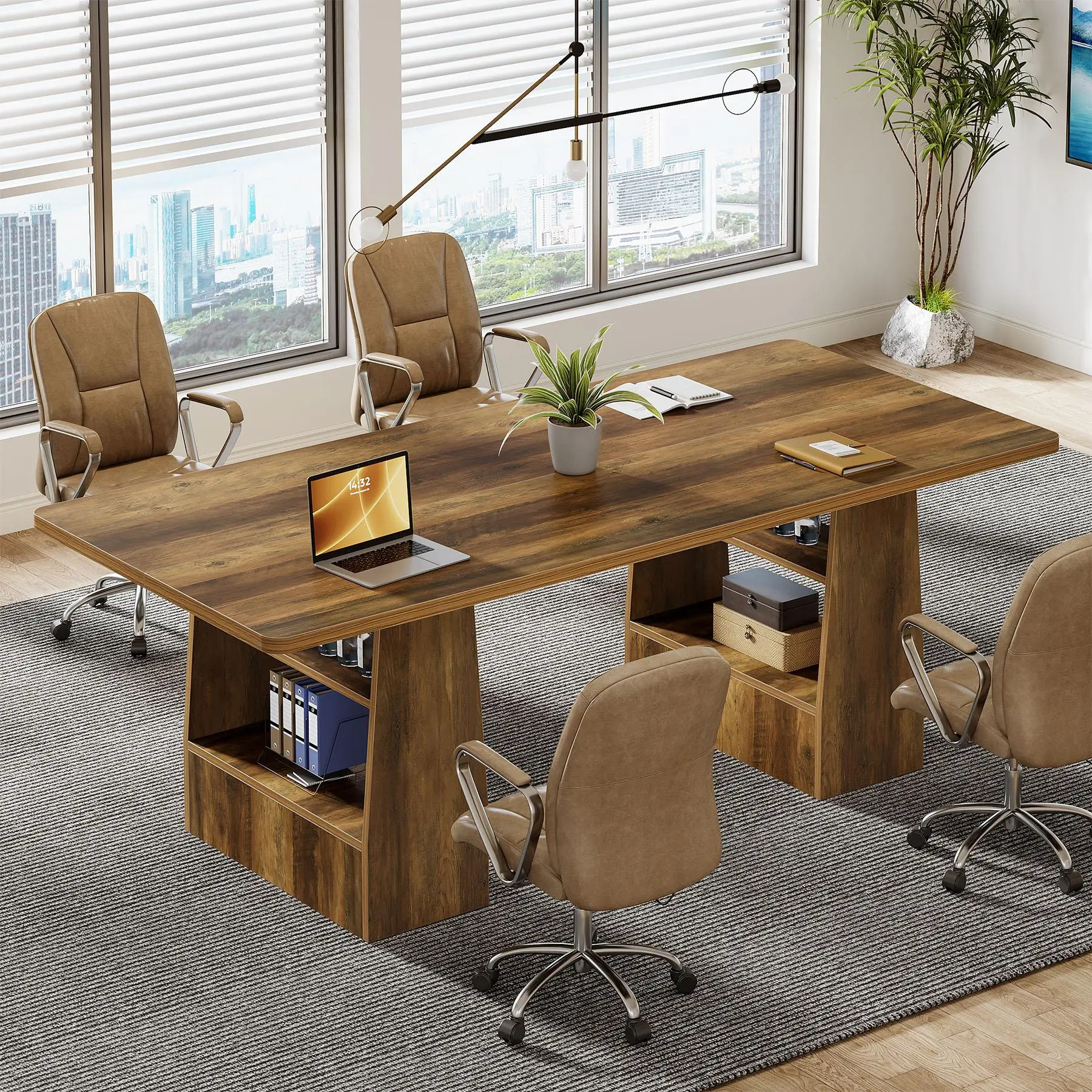 TRIBEWOOD 63-inch Conference Table with 4-Tier Shelf Duty Pedestal, Rectangular Executive Meeting Table for Office, Large Rectangle Sturdy Business Desk, Industrial Seminar Table for 4-6 People