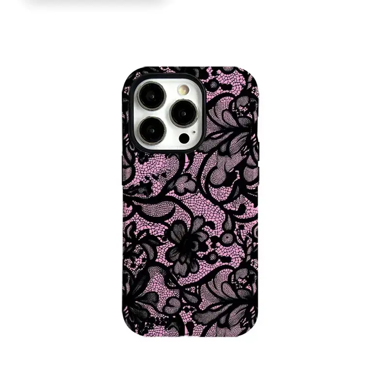 Y2K Black Lace Shockproof Smartphone Case, Retro Pink & Black Aesthetic Floral Mesh Casing, Compatible with iPhone 12 Pro Max to 17, Custom Monogram Striped Cellphone Accessory, Handheld Protective Cover