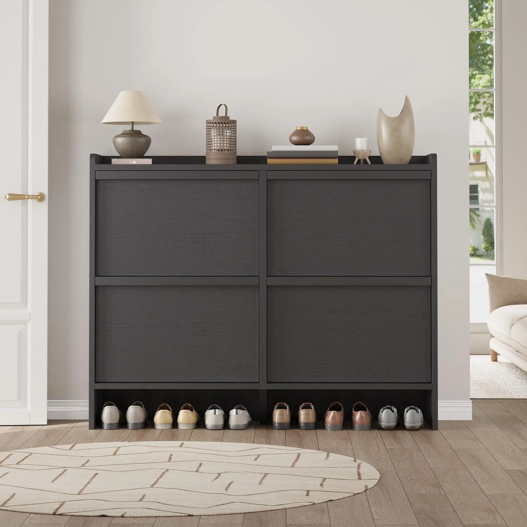 Garvee Entryway Shoe Cabinet with 4 Flip Drawers, Wooden Shoe Storage Organizer with Adjustable Shelves, Slim Hidden Shoe Cabinet for Hallway Living Room, Black