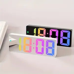 1PC Modern LED Mirror Alarm Clock, Silent Non-Ticking Bedside Digital Clock Face with Temperature Display & Alarm Bell, Adjustable Brightness, Low Voltage Desk Clock for Bedroom, Nightstand, Home Office