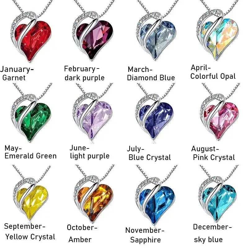 Women’s Dainty 12-Month Birthstone Heart Shaped Colored Crystals Necklace, Crystal Zircon Pendant Costume Jewelry, Ideal Birthday Gift for Women, Accessory for Sports & Outdoor Gear, Colored Crystals Necklaces