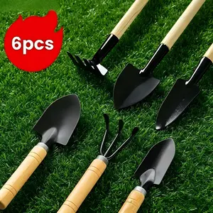 6-Piece Gardening Tool Set, Wooden Handle Shovel and Rake, Durable Carbon Steel, Ideal for Planting, Weeding, and Soil Aeration