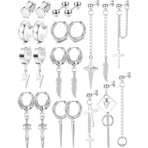 22Pcs Dangle Earrings for Men Stainless Steel Hinged Hoop Earrings Long Chain Stud Cross Dangle Earrings Set Kpop Earrings for Mens Black, Silver and Gold