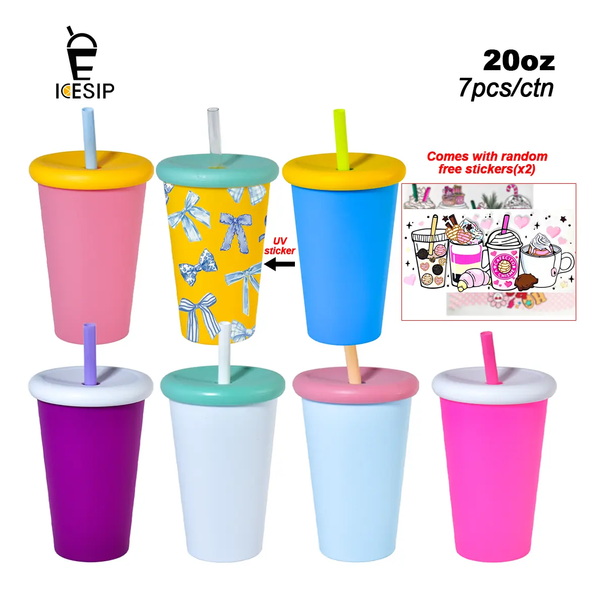 Icesip New arrival 7-pack 20oz Plastic matte colored mixed coffee mug with lids and straws for cold drink Party Favors, Party Drink Cups, Wedding Gifts, Commercial Party Supplies for Events
