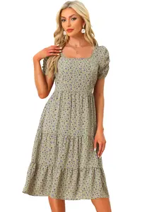 INSPIRE CHIC Floral Square Neck Puff Short Sleeves Tiered Ruffled Hem Dress