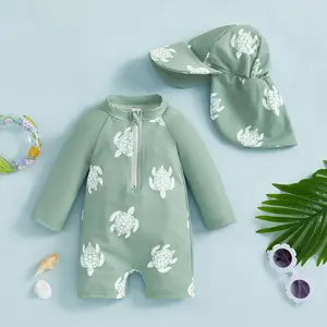 Toddler Infant Baby Boys Swimsuit Kids Rash Guard  Newborn Zipper Bathing Suit Swimwear with Hat