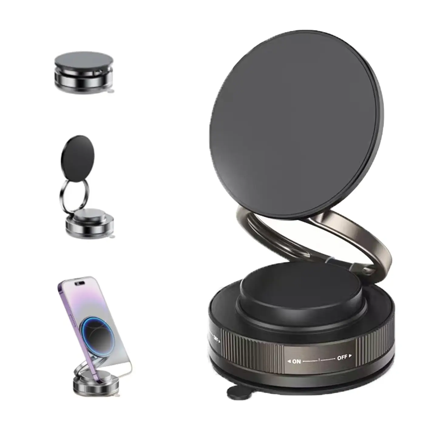 Vacuum Magnetic Suction Cup Car Phone Holder, Retractable Vacuum Magnetic Phone Mount, Full-Angle Rotating Cell Phone Holder for All Smartphone Models