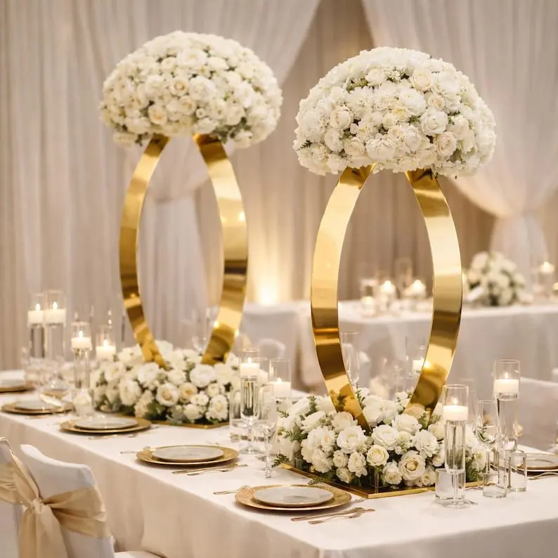 pre order-Set of 2 – 32” Tall Gold Curved Flower Stand | Stainless Steel Mirror Finish Wedding Table Centerpiece