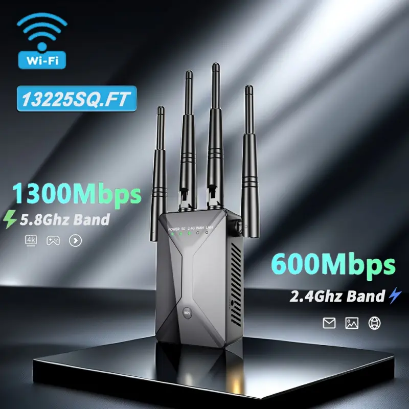 Aston Digital WiFi Extender Signal Booster, Dual Band 2.4GHz & RF 5.8GHz, 1200Mbps, 13225 Sq Ft Coverage, 130 Multi Device Support, Strong Penetration, Ethernet Port, AP Mode