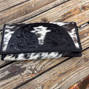 Cowhide Wallet with Floral Embossed Design and Black Accents