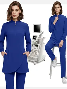 Nurse Scrub Long Sleeved Zipper Stand Up Collar Workwear Pharmacy Lab Coat Healthcare Dentist Scrub Surgical Uniforms Woman Soft