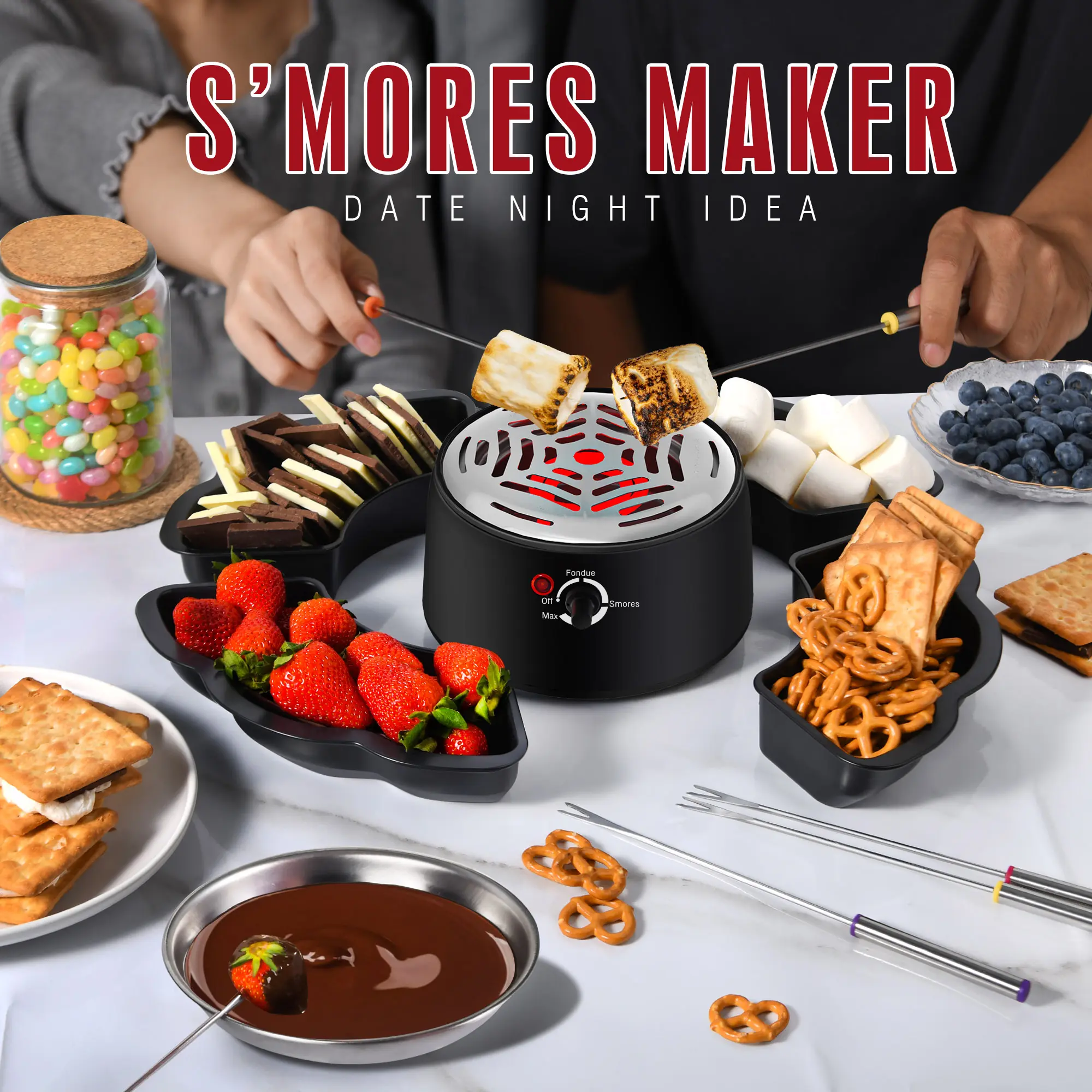 2 in 1 S'mores Maker & Fondue Pot Tabletop Indoor Smores Kit with 4 Roasting Forks 4 Detachable Trays & 1 Flameless Temperature Controlled Heater for Movie Nights & Housewarming Gifts Portable machines drawer