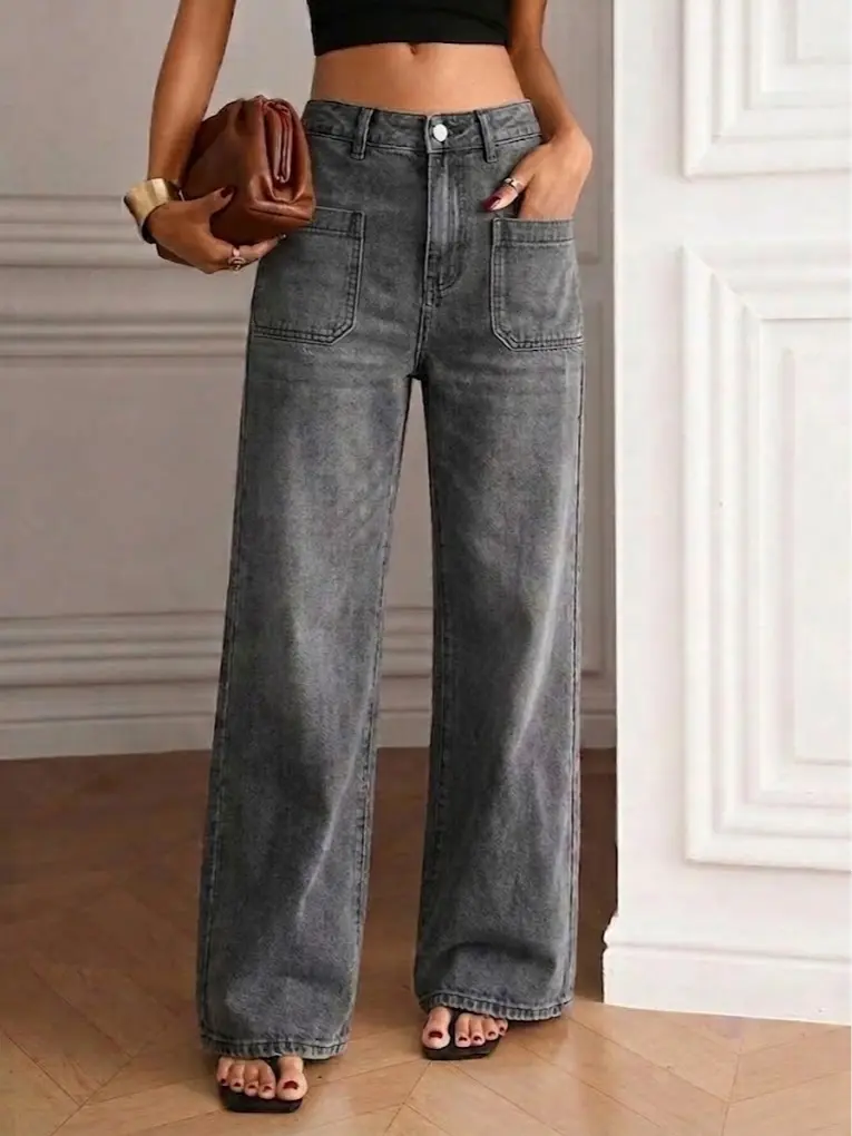 Women's Sports Washed Grey High-Waisted Wide-Leg Denim Joggers - Front Patch Pocket Relaxed Fit