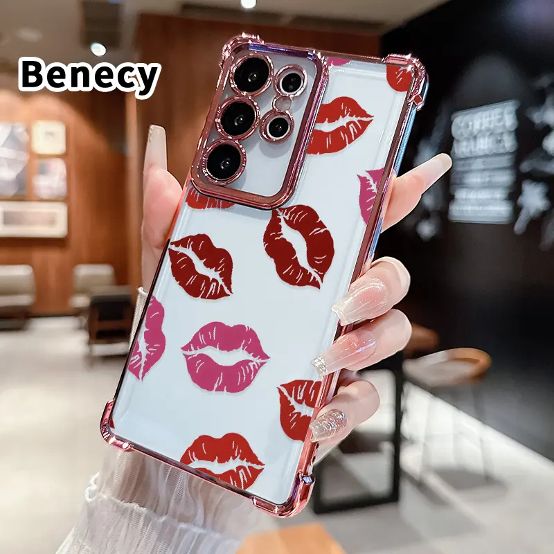 Lipstick Kiss Print Pattern Mobile Phone Case Compatible with Samsung Galaxy S23 Ultra S24 Plus S25 S22+ FE Edge Four Corner Anti-drop Shockproof Non-slip Silicone Transparent Protective Cover