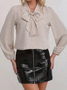 Elegant Polka Dot Bow Tie Shirt Long Sleeve, Office Commute French Style Casual Elegance Style Versatile Top, Spring & Fall Fitted Blouse, Casual Fashion Chic, Casual Classy Top, Womenswear