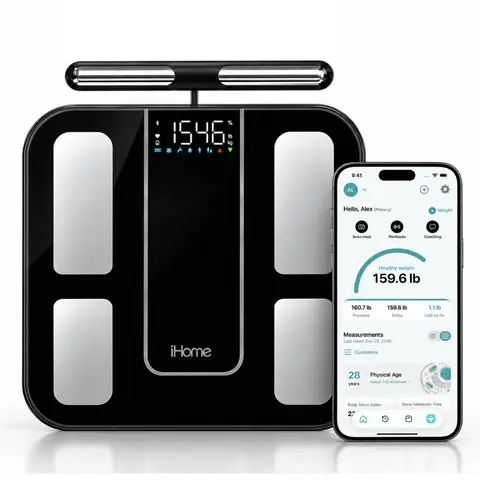 iHome 8-Electrode Alkaline Smart Body Composition Weight Scale - Digital BMI Scale for Weight & Body Fat Tracking, 56 Metrics, Segmental Analysis, App-Connected Metrics Monitoring
