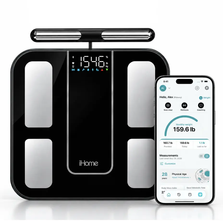 iHome 8-Electrode Alkaline Smart Body Composition Weight Scale - Digital BMI Scale for Fitness, 56 Metrics, Segmental Analysis, App-Connected Monitoring, Weight & Body Fat Tracking, Muscle Measurement, Weight Scale With Body Fat And Muscle