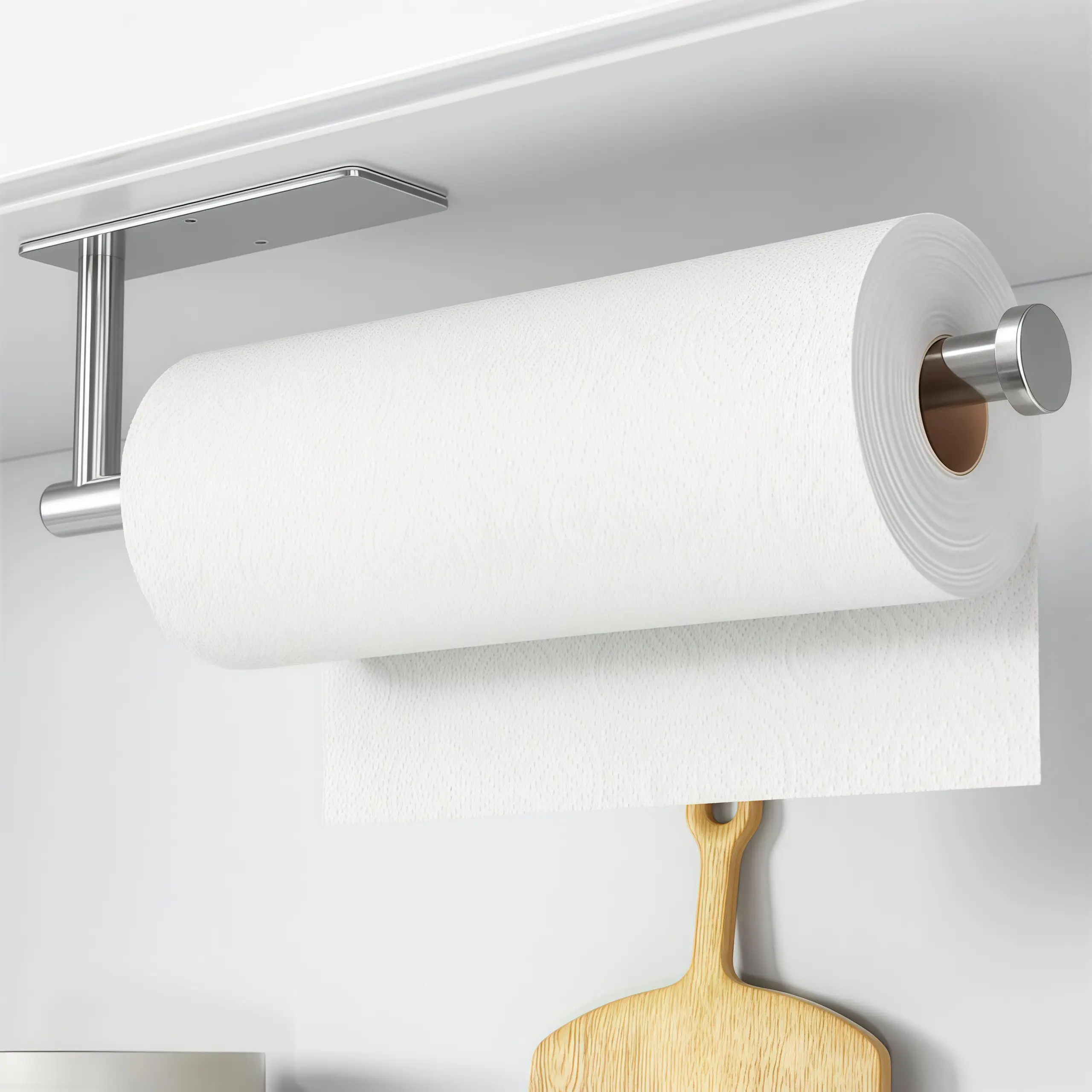 1 piece silver stainless steel cabinet with no punching tissue holder,hanging cabinet, wall mounted household kitchen roll paper storage shelf, no need for drilling, self-adhesive kitchen wall mounted roll paper holder, light luxury silver kitchen storage