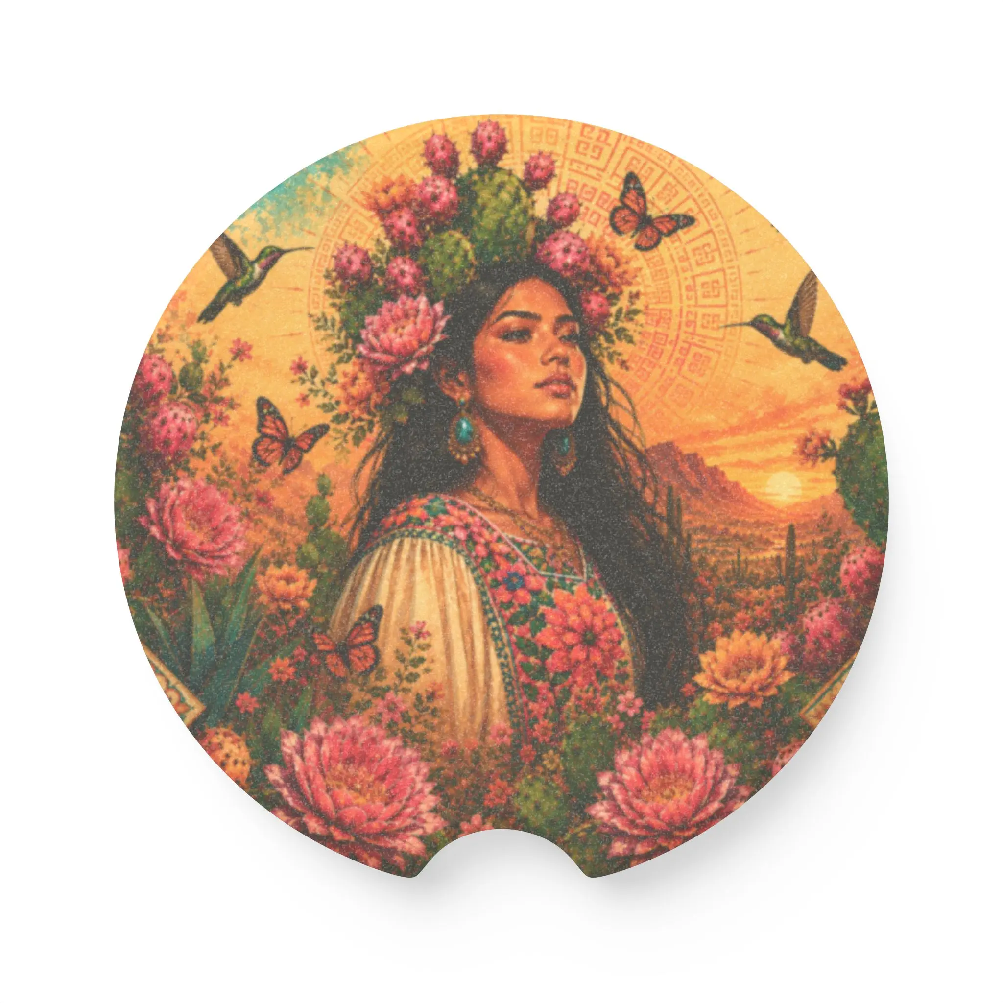 Nopal Collection Car Coaster Mexican Desert Goddess Neoprene Car Cup Holder Coaster Prickly Pear Cactus Latina Gift