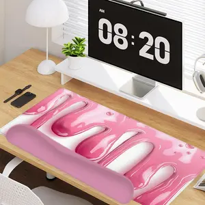 4 - in - 1 Pink Fluid 3D Effect Elements Large Gaming Mouse Pad + Keyboard Wrist Rest + Mouse Pad with Wrist Support + Coaster Set with Ergonomic Design for Home Office Table Computer, Rubber Base Mousepad with Stitched Edges, Easy Typing Pain Relief