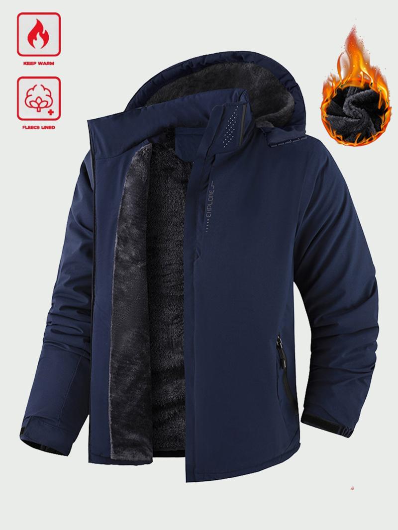 Men's Winter Outdoor Waterproof Windproof Fleece Lined Hooded Jacket - Thick Warm Coat; Features an Adjustable Drawstring Hood & Full Zip Front Closure; Perfect for Various Activities Such as Hiking, Jogging, Fishing, or Just Casual Wear; A Must-Have Vers Men's Winter Outdoor Waterproof Windproof Fleece Lined Hooded Jacket - Thick Warm Coat; Features an Adjustable Drawstring Hood & Full Zip Front Closure; Perfect for Various Activities Such as Hiking, Jogging, Fishing, or Just Casual Wear; A Must-Have Vers