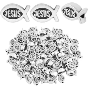 100pcs Jesus Fish Spacer Beads Religious Charm Beads Tibetan Alloy Christian Fish Shape Loose Beads for DIY Bracelet Necklace Jewelry Making Supplies