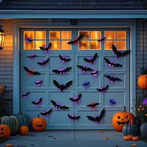 BougeRV 12pcs 3D Bat LED Decorations Spooky Halloween Ornaments  Flashes Removable Wall Window Stickers Easy Install Luminous Decor for Home Party Festival Smooth Application halloween  house  decor Hanging Ball Design Fairy outdoor halloween decor
