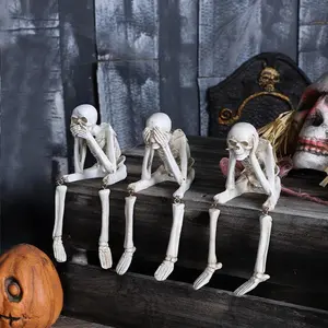 3pcs Halloween Skeleton Figurines – "See, Speak, Hear No Evil" Realistic Skull Collectibles, Spooky Home Decor Set of 3, 2.3"L x 4"W x 4.3"H, Swinging Pumpkin & Mini Flying Ghost Accessories