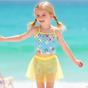 Girls Colorful Mermaid Scale 2-Piece Swimsuit with Skirt, Beach Vacation Swimwear for Summer Beach Getaways & Pool Parties