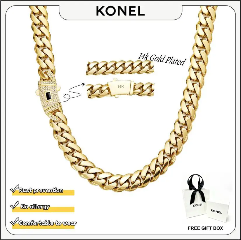 Konel 14K Real Gold-plated Miami Cuban chain necklace features a brand-new anti-rust technology, making it water-resistant, fade-resistant and low-allergenic. It can be paired with various outfits and is a must-have necklace for the back-to-school season.