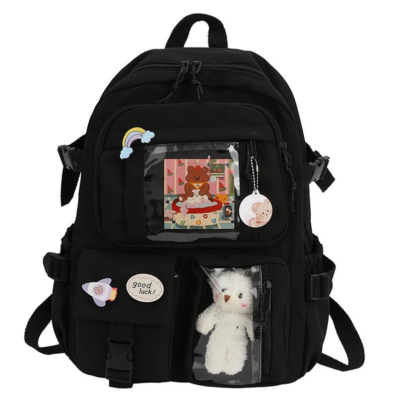 Kawaii backpack with pinned accessories plush pendant, cute aesthetic school backpack, women's large capacity laptop backpack