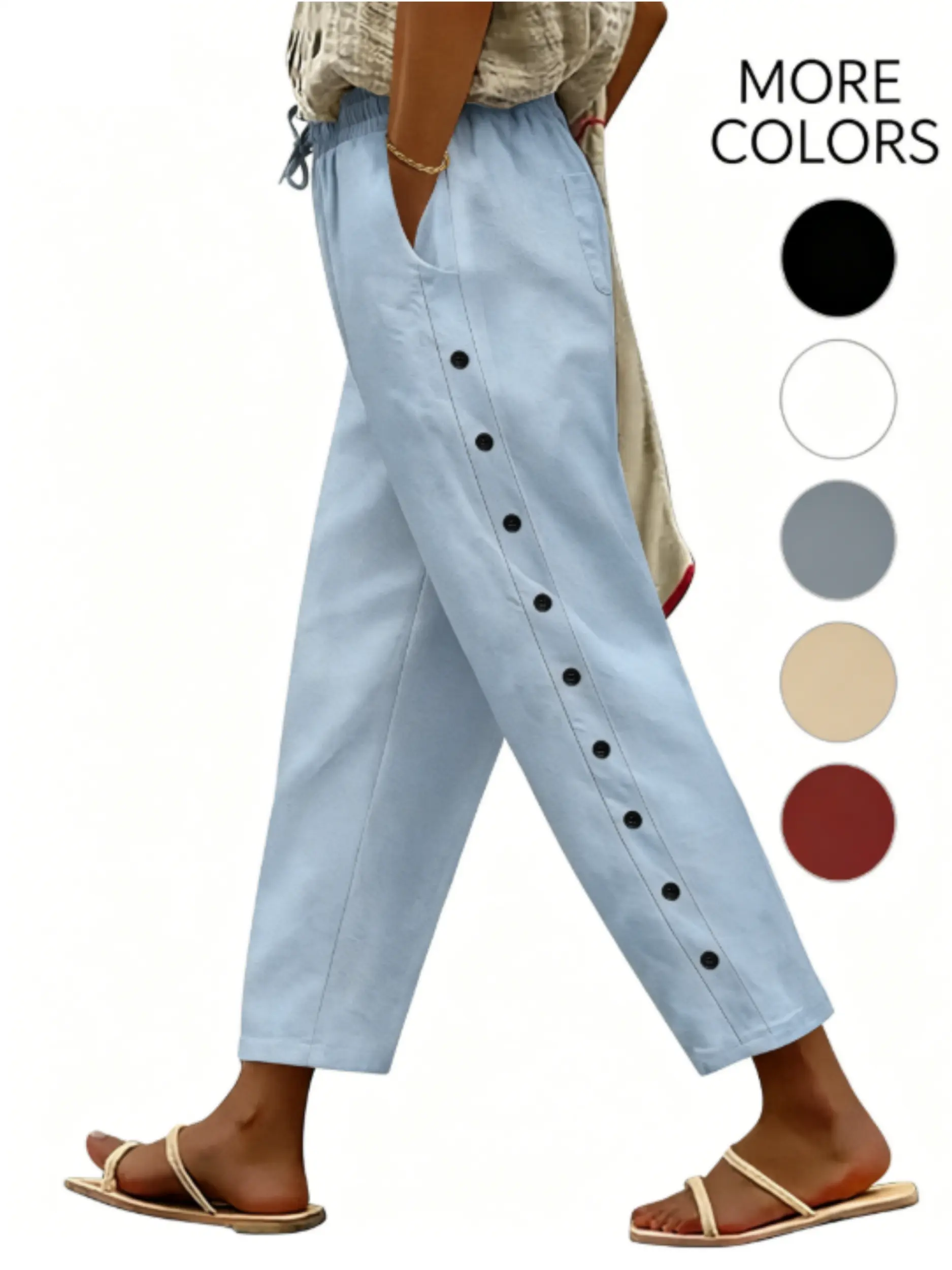 Women's Summer Trousers, Women's Summer 7/8 Cropped Wide Leg Trousers Elastic Waist Cotton Casual Trousers Lightweight Boho Trousers Beach Trousers with Pockets and Decorative Buttons #SummerWins SwimWeek