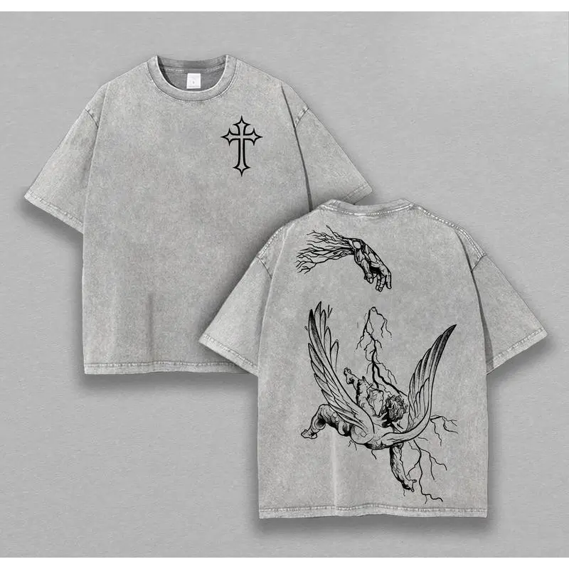 Fallen Angel – Divine Judgment Graphic Tee Chrsitian Washed T-Shirt, Bible Verse Religious Aesthetic Spiritual Fashion USA Church Outfit Easter Tee, Christian Apparel Streetwear Gym Menswear Oversized Top Men or Women