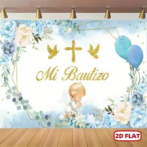 1PC,2D Flat Mi Bautizo Baptism Backdrop, Wedding Party Backdrop, Blue Floral Golden Cross Angel Design, Party Decoration Background Cloth for Baby Boy Christening, High-Definition Print, Easy to Hang, Ideal for Baptism Ceremony