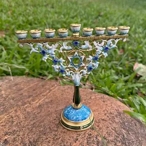 Blue Nine-Arm David Star Candlestick, European Luxury Style, Enamel Painted, Inlaid Diamond Carved Design, Jewish Home Essential, Candle Stand, Home Decor
